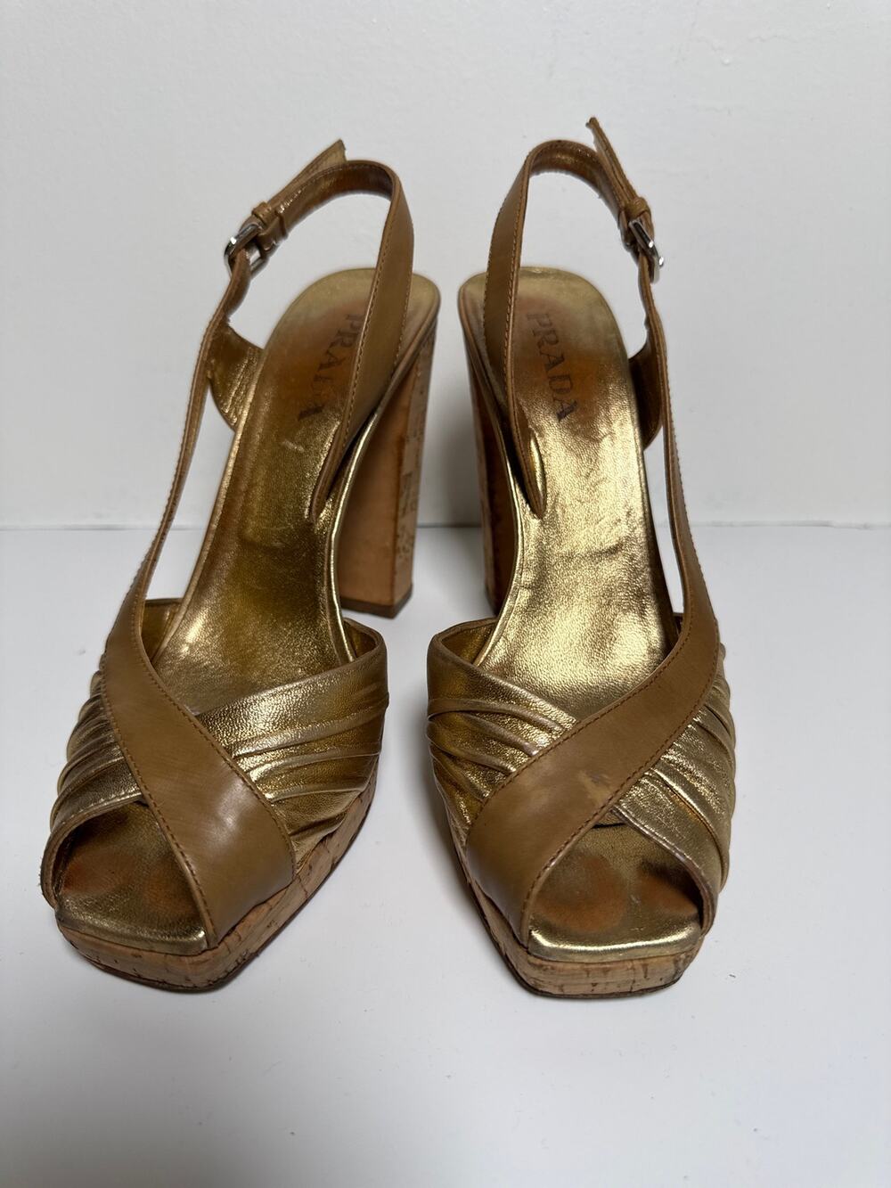 PRADA Gold Metallic Leather Peep Toe Slingback Platform Heels EU 36.5 US 6.5